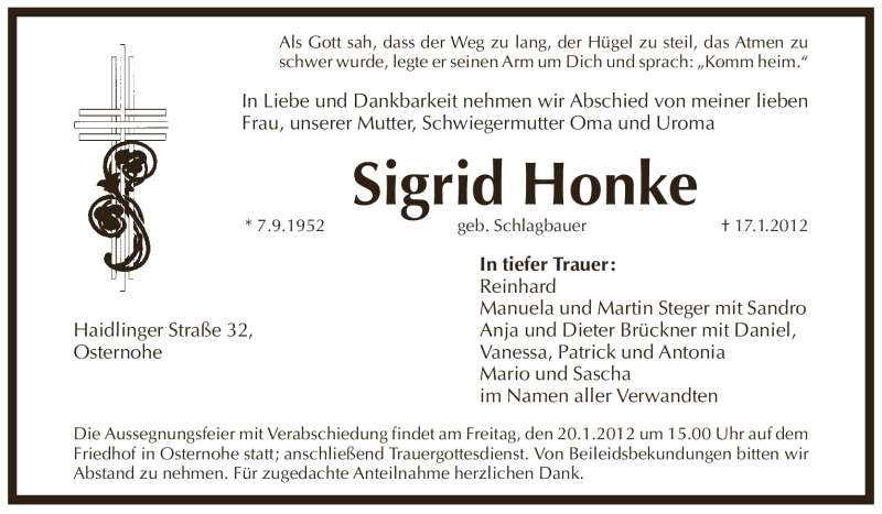  Traueranzeige für Sigrid Honke vom 19.01.2012 aus Pegnitz-Zeitung